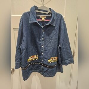 Bechamel Woman 2X Denim Shirt Embroidered School Bus Road Appliqué Teacher Top